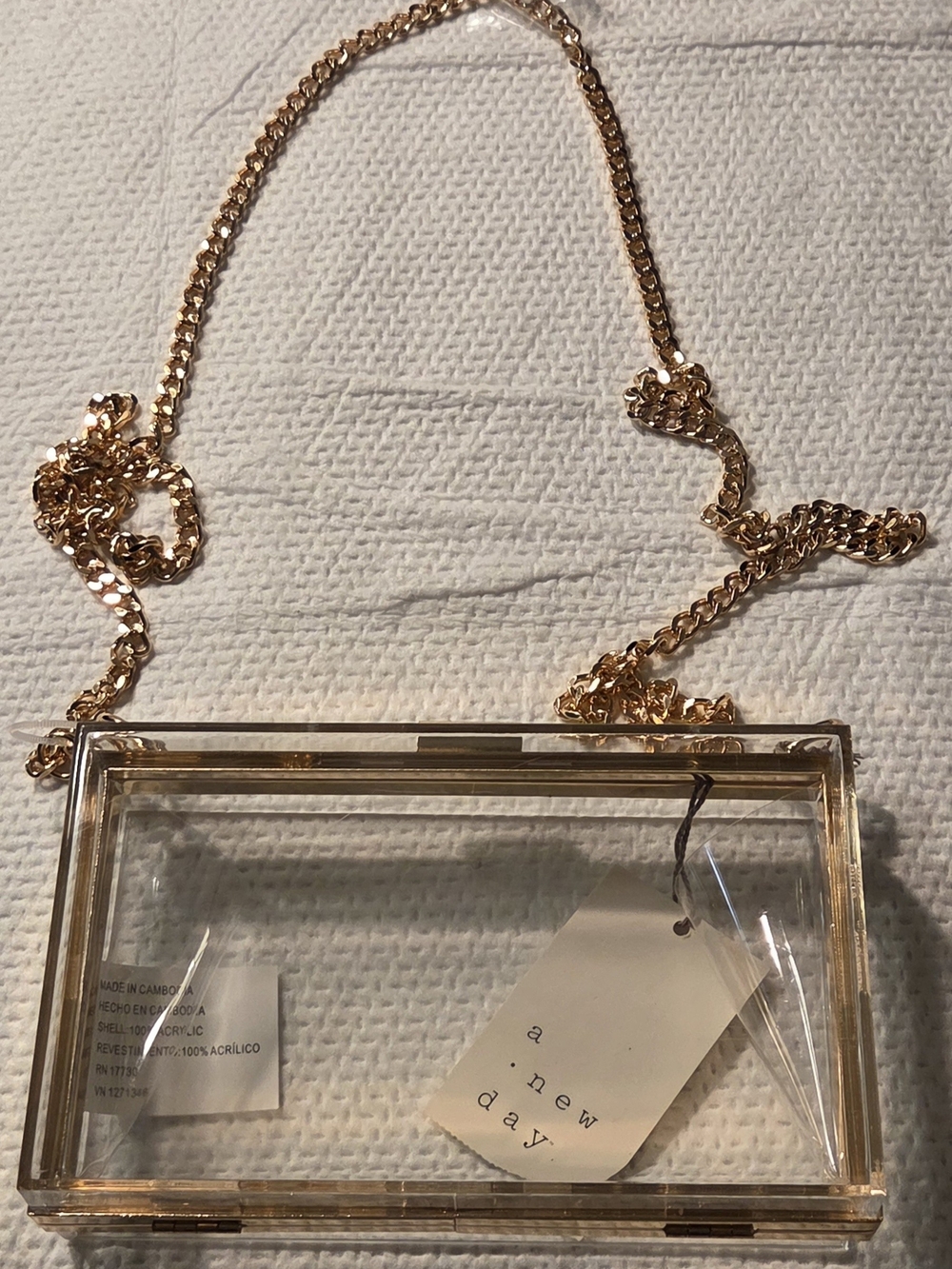 A New Day  Clear Acrylic Box Bag with Gold Trim
